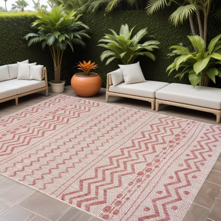 8' X 10' Beige And Red Chevron Indoor Outdoor Area Rug