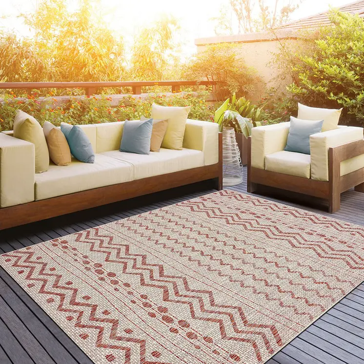 8' X 10' Beige And Red Chevron Indoor Outdoor Area Rug