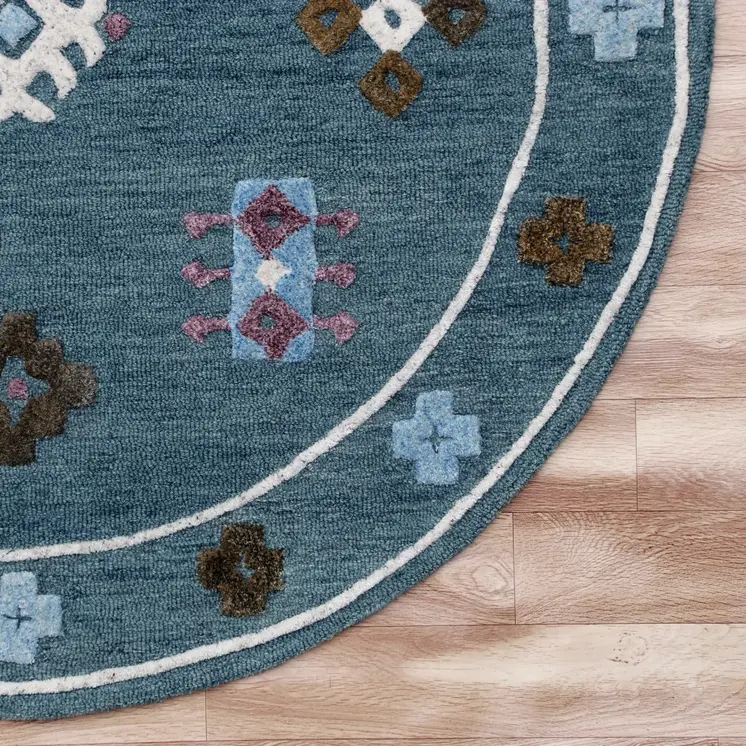 7' Blue Round Wool Hand Hooked Handmade Area Rug