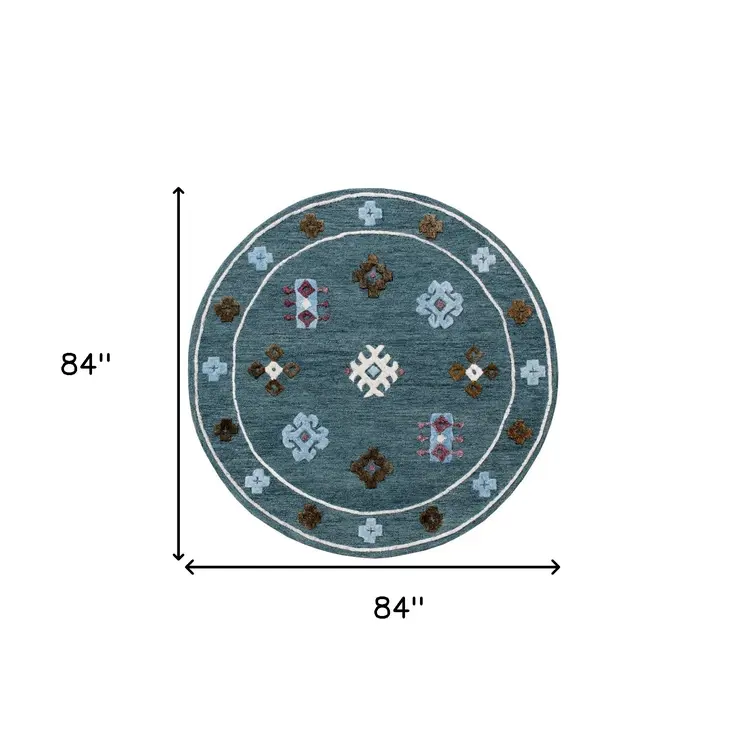 7' Blue Round Wool Hand Hooked Handmade Area Rug
