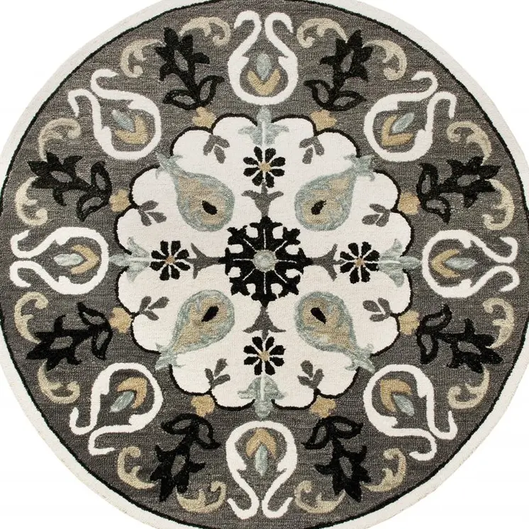 7' Gray Round Wool Hand Hooked Handmade Area Rug