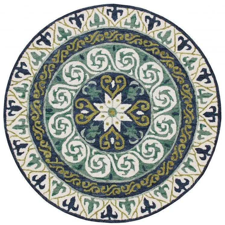 5' Round Blue and Green Ornate Medallion Area Rug