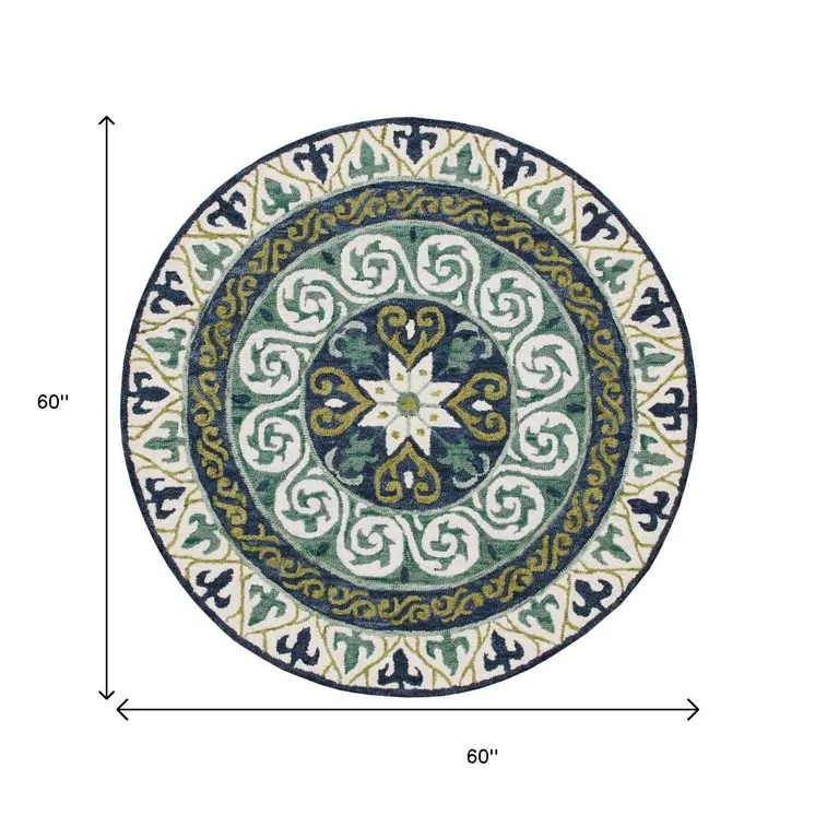 5' Round Blue and Green Ornate Medallion Area Rug