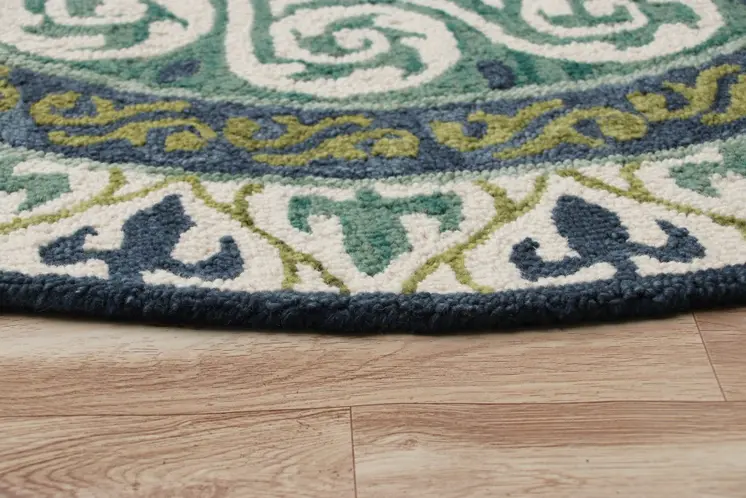 7' Round Blue and Green Ornate Medallion Area Rug