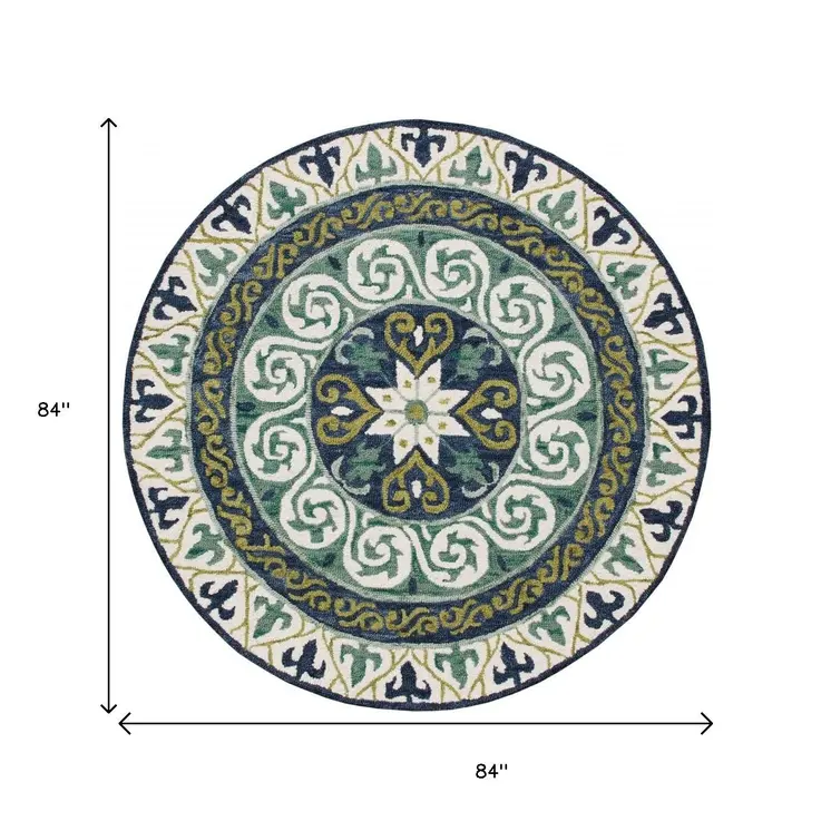 7' Round Blue and Green Ornate Medallion Area Rug