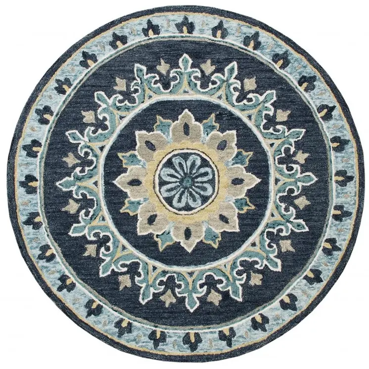 7' Round Blue Floral Medallion Area Rug