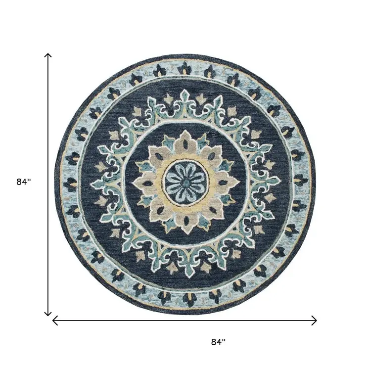7' Round Blue Floral Medallion Area Rug