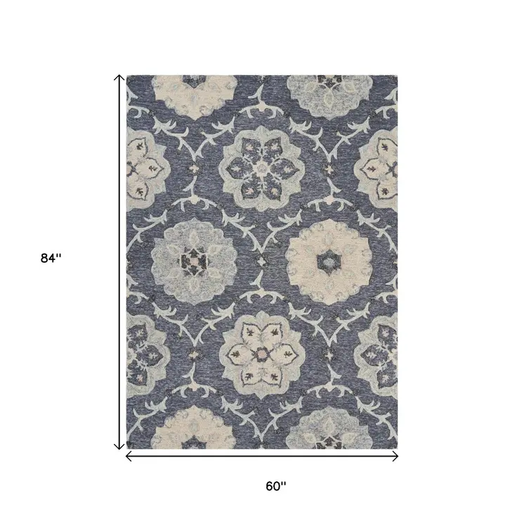 5' X 7' Blue And Gray Wool Hand Tufted Area Rug