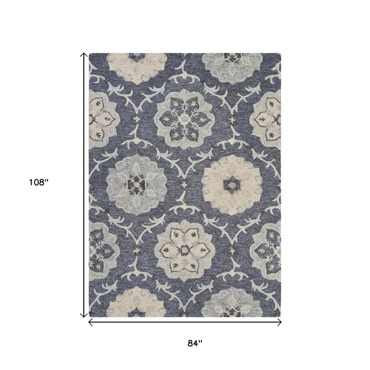 7' X 9' Blue And Gray Wool Hand Tufted Area Rug