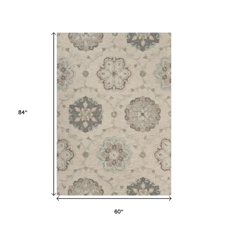 5' X 7' Blue And Ivory Wool Hand Tufted Area Rug