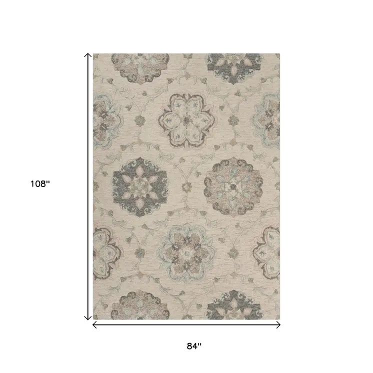 7' X 9' Blue And Ivory Wool Hand Tufted Area Rug