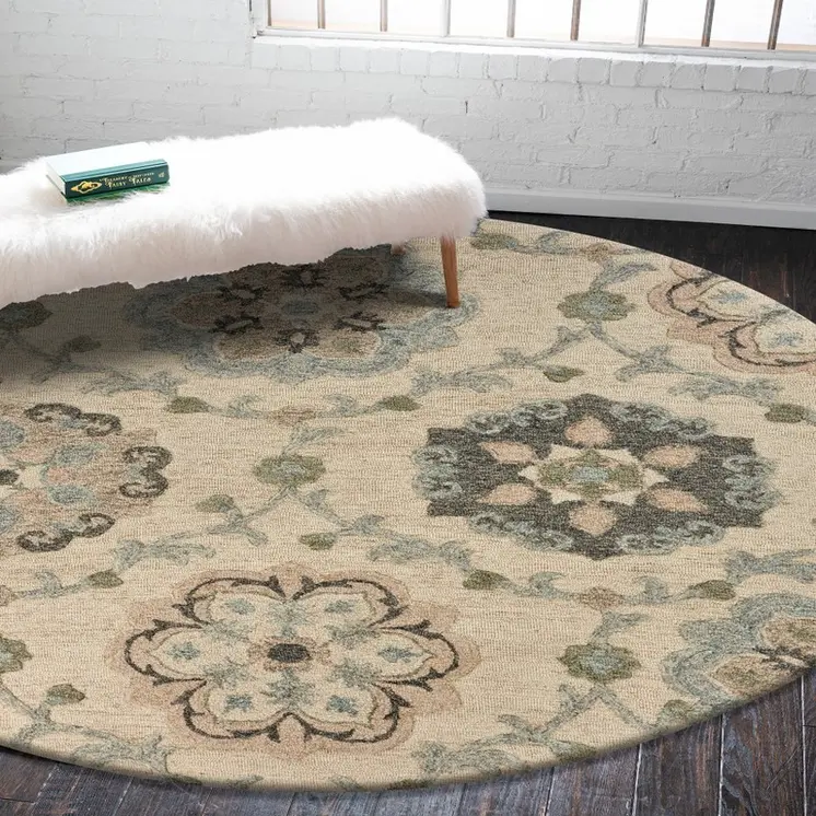 7' Blue And Ivory Round Wool Hand Tufted Area Rug