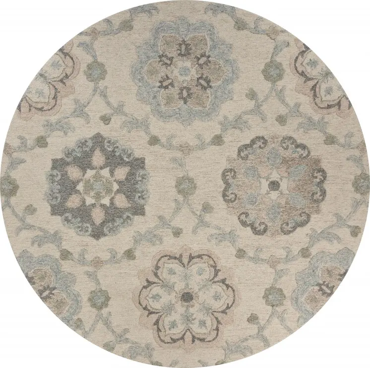 7' Blue And Ivory Round Wool Hand Tufted Area Rug