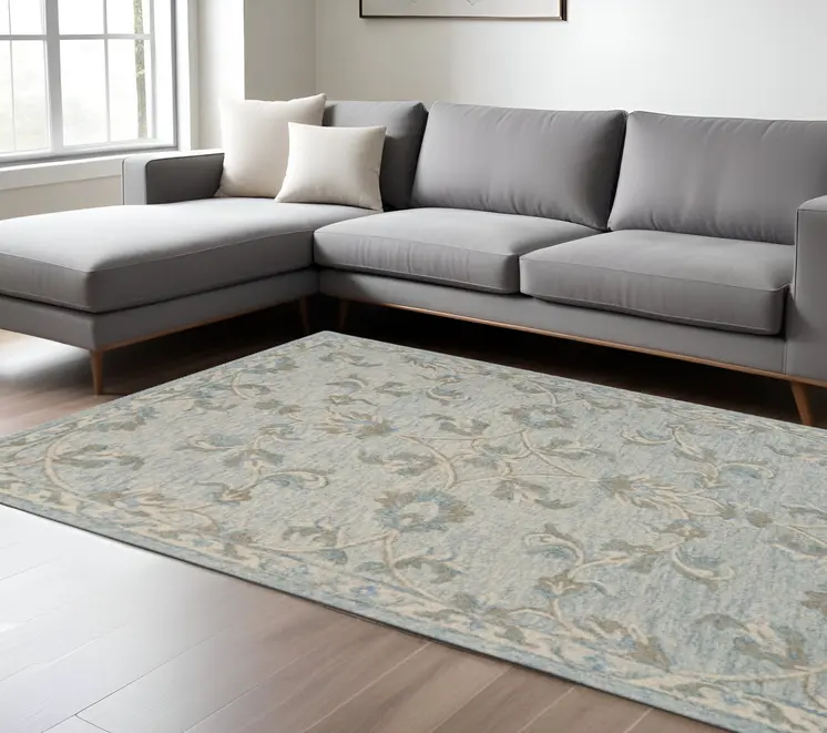 7' X 9' Blue And Ivory Wool Hand Tufted Area Rug