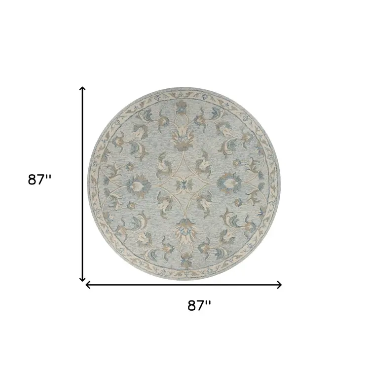 7' Blue And Ivory Round Wool Hand Tufted Area Rug