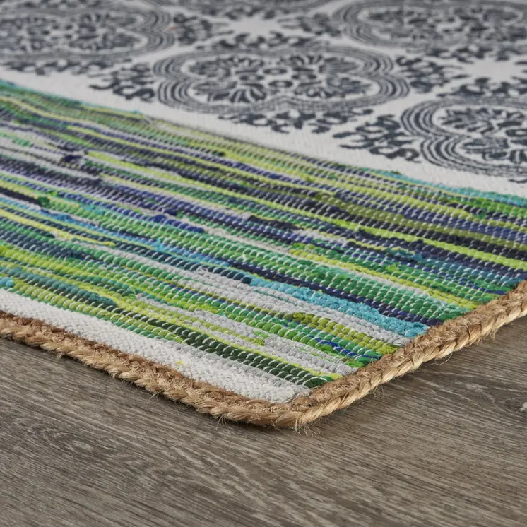 5' X 7' Blue and Green Chindi Area Rug