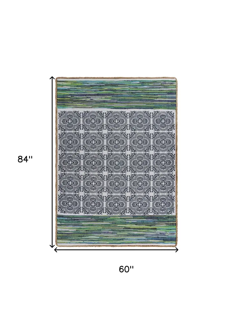 5' X 7' Blue and Green Chindi Area Rug