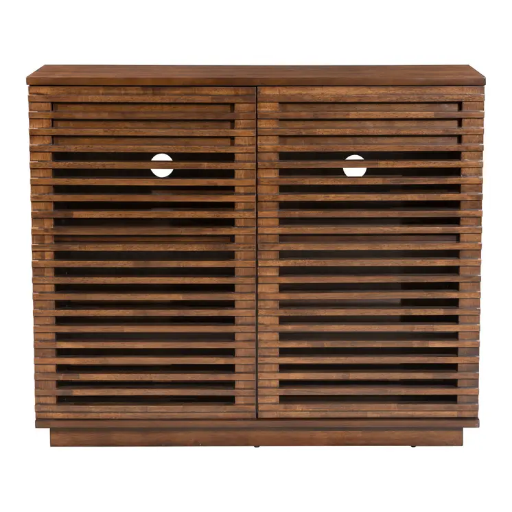 42" Walnut Wood Accent Cabinet With Three Shelves And Two Drawers