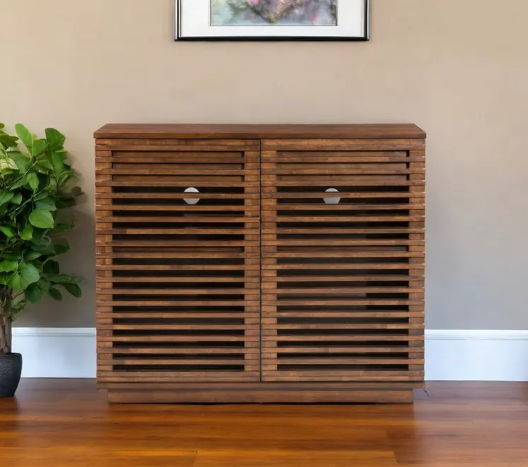 42" Walnut Wood Accent Cabinet With Three Shelves And Two Drawers