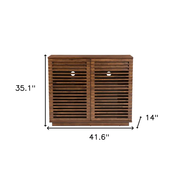 42" Walnut Wood Accent Cabinet With Three Shelves And Two Drawers