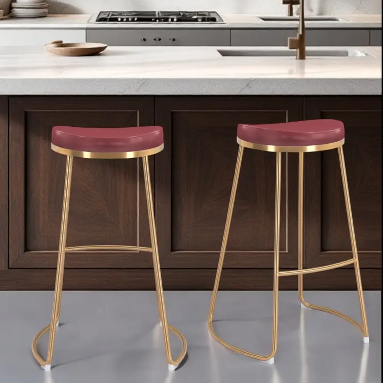 Set of Two 31" Burgundy And Gold Steel Backless Bar Height Bar Chairs