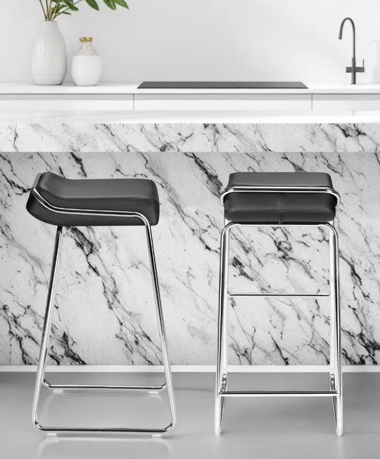 Set of Two 32" Black And Silver Faux Leather And Steel Backless Bar Height Bar Chairs