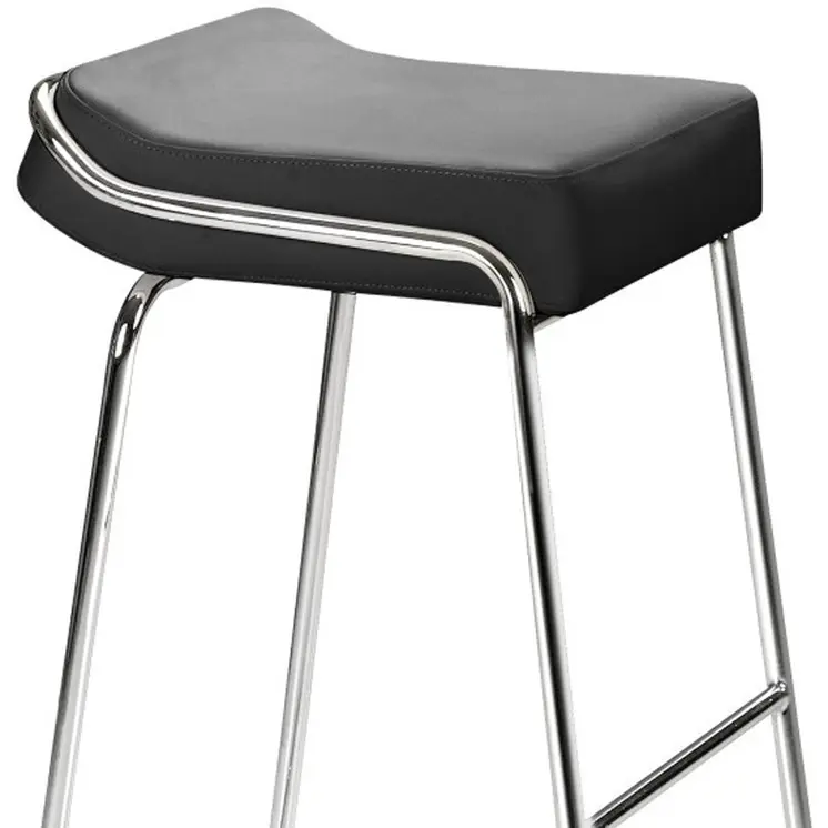 Set of Two 32" Black And Silver Faux Leather And Steel Backless Bar Height Bar Chairs