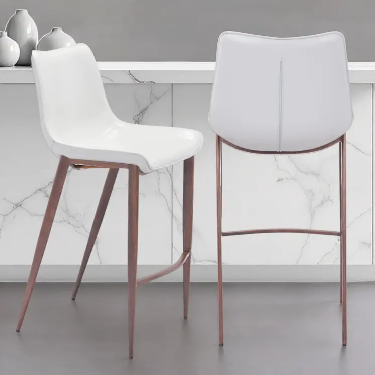 Set of Two 30" White And Brown Steel Low Back Bar Height Bar Chairs
