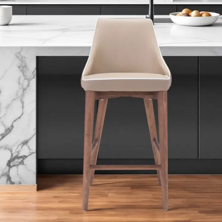 26" Beige And Brown Solid Wood Low Back Counter Height Bar Chair