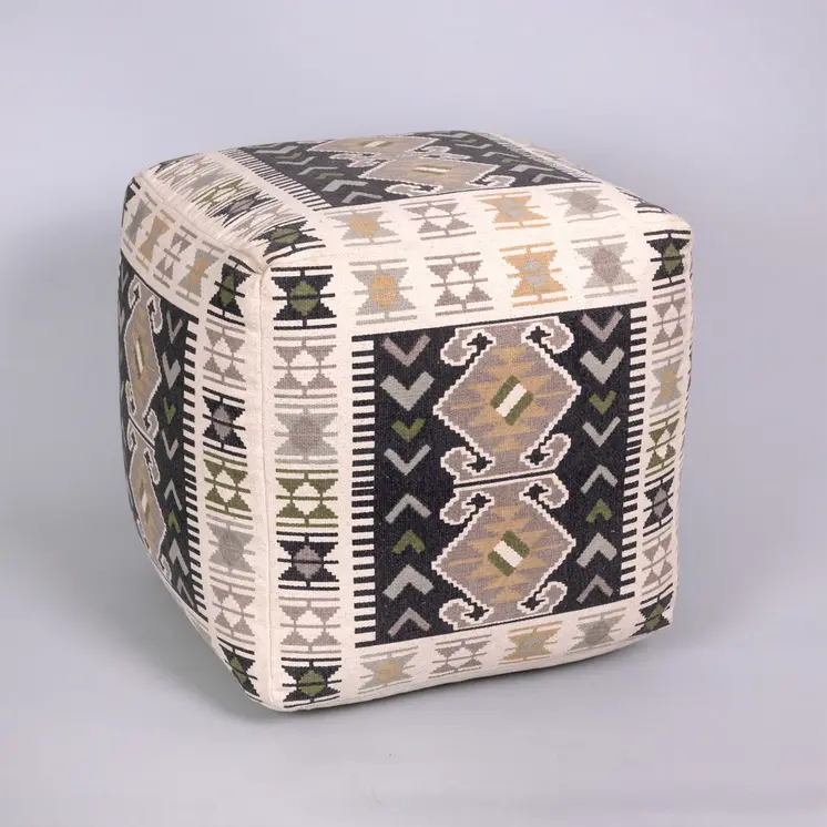 17" Ivory and Black Cotton Southwestern Pouf Ottoman