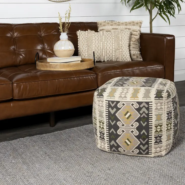 17" Ivory and Black Cotton Southwestern Pouf Ottoman
