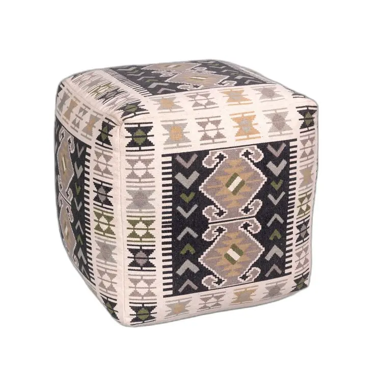 17" Ivory and Black Cotton Southwestern Pouf Ottoman