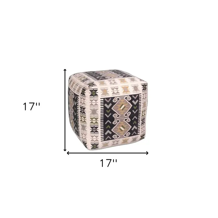17" Ivory and Black Cotton Southwestern Pouf Ottoman
