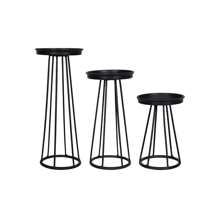 Set of Three Black Metal Striped Tabletop Candle Holders