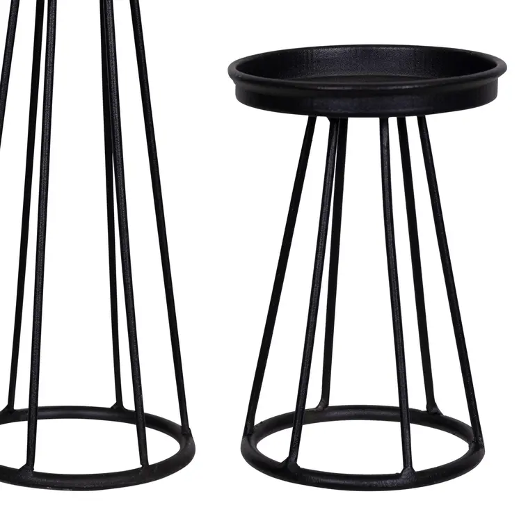 Set of Three Black Metal Striped Tabletop Candle Holders