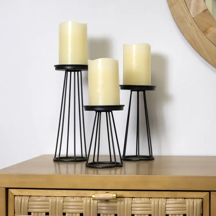 Set of Three Black Metal Striped Tabletop Candle Holders
