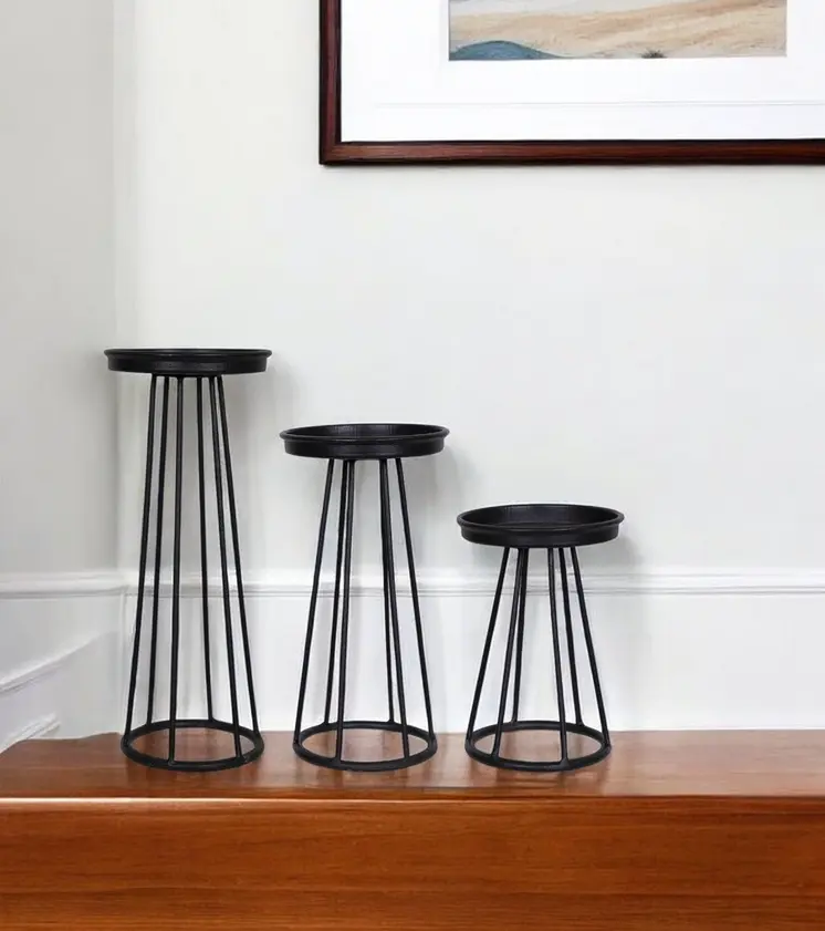 Set of Three Black Metal Striped Tabletop Candle Holders