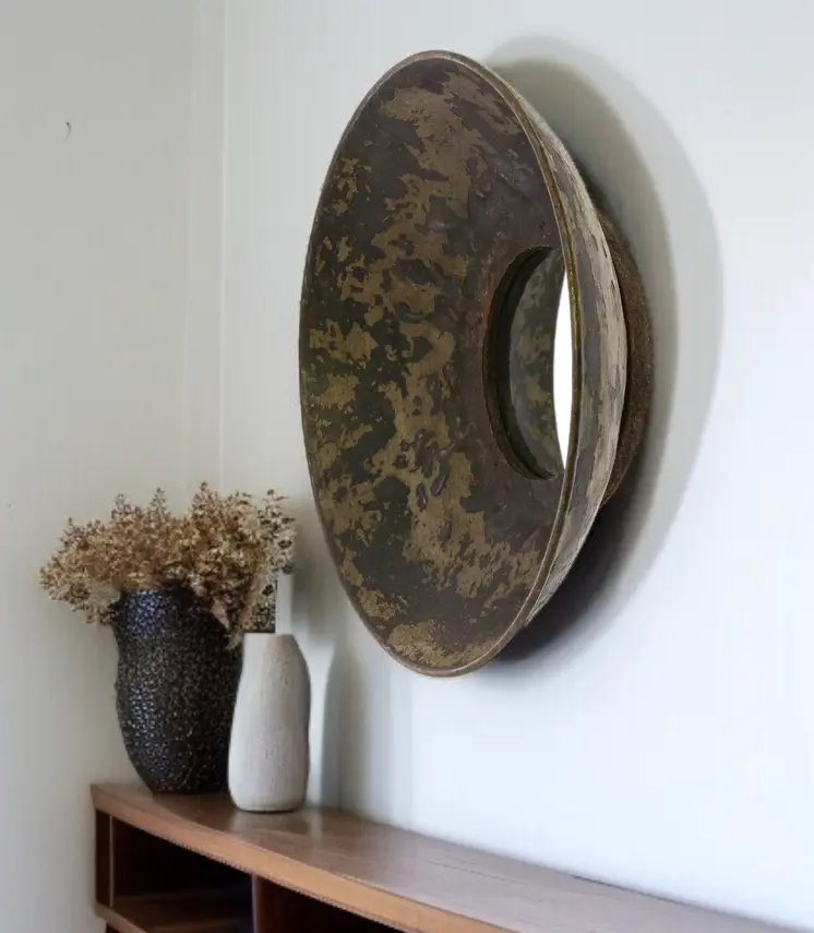 20" Dark Brown Reclaimed And Distressed Metal Round Bowl Accent Mirror