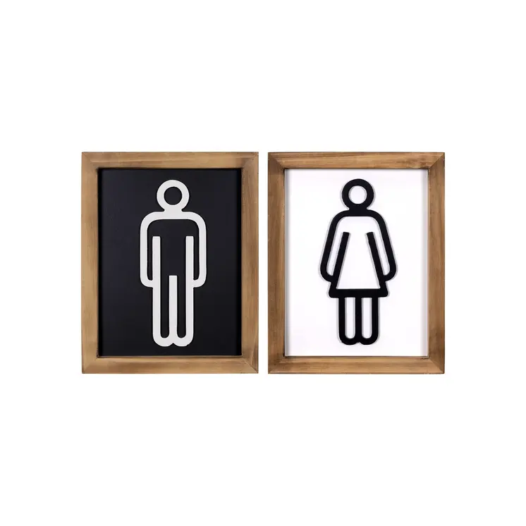 Set of Two Brown His and Hers Bathroom Wood Framed Wall Art