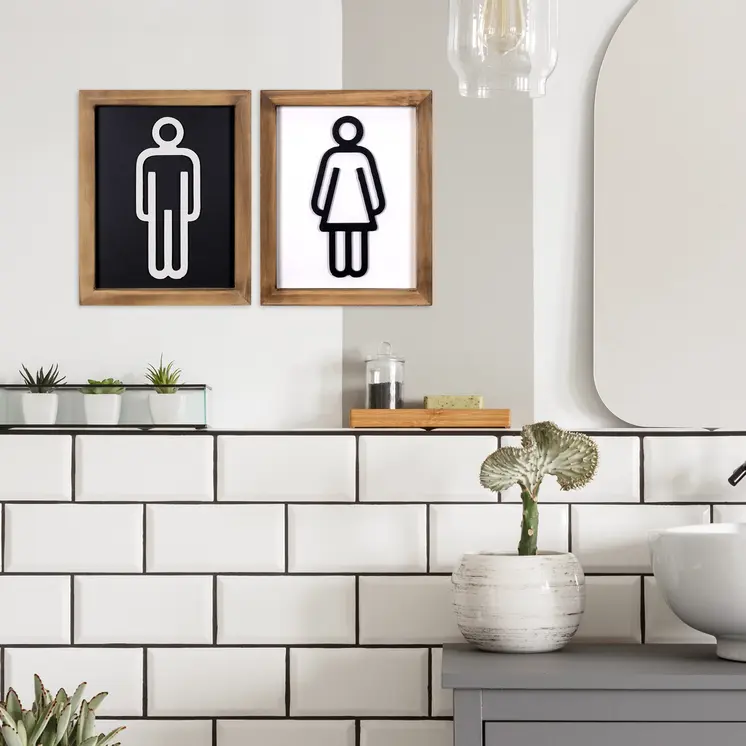 Set of Two Brown His and Hers Bathroom Wood Framed Wall Art