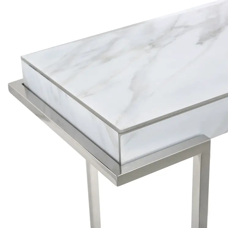 46" White and Silver Genuine Marble Sled Console Table