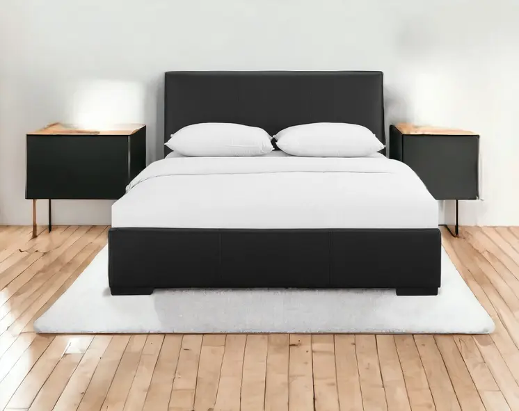 Black Solid and Manufactured Wood Queen Upholstered Faux Leather Bed Frame