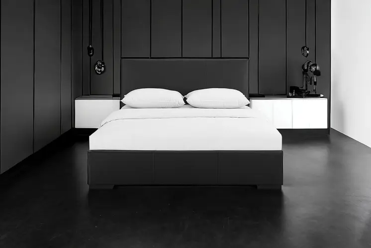 Black Solid and Manufactured Wood Queen Upholstered Faux Leather Bed Frame