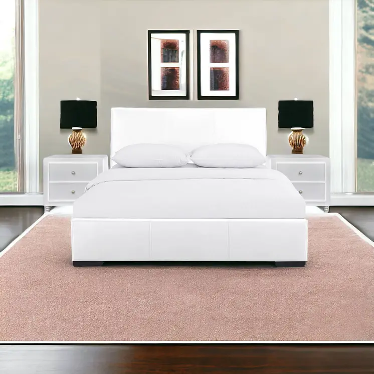 White Upholstered Platform King Bed with Two Nightstands