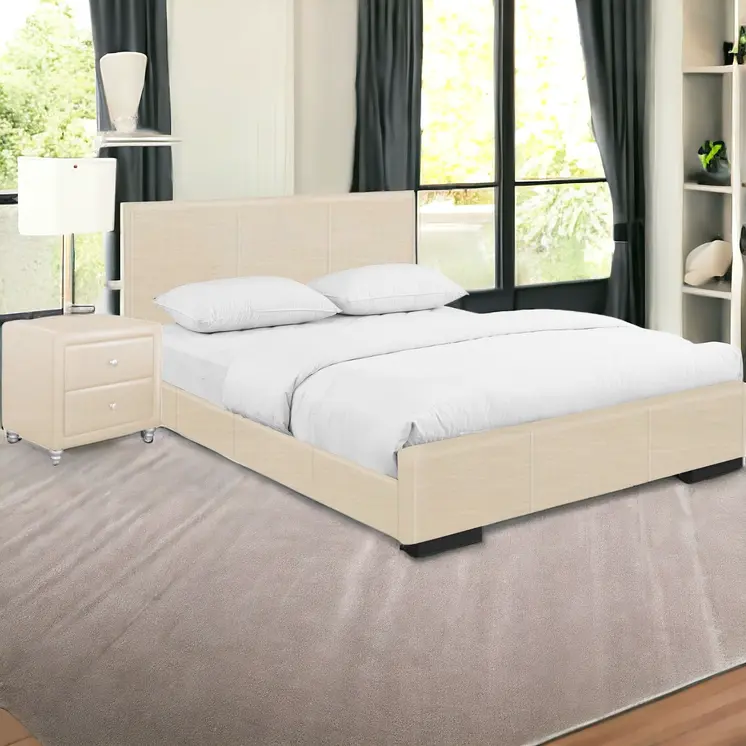 Beige Wood And Faux Leather Twin Bed Frame
