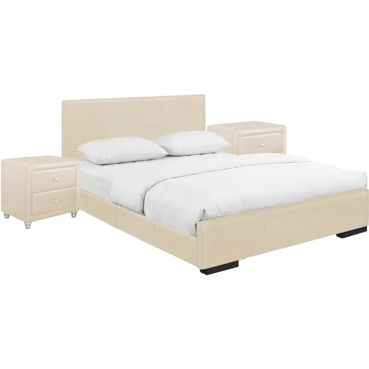 Beige Wood And Faux Leather Queen Bed Frame
