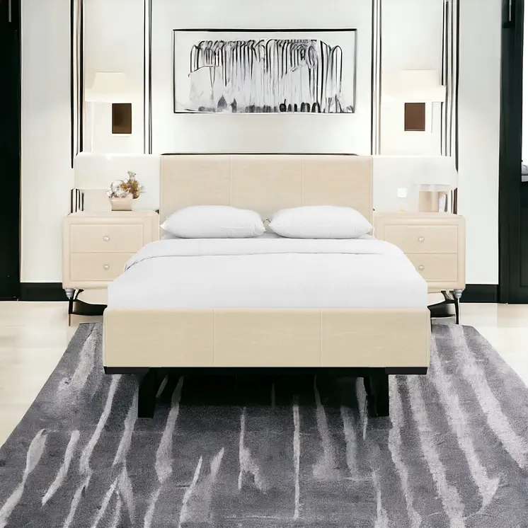 Beige Wood And Faux Leather Queen Bed Frame
