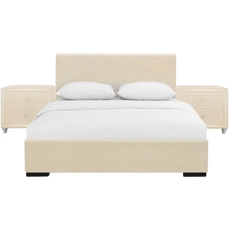 Beige Wood And Faux Leather Queen Bed Frame