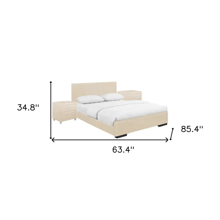 Beige Wood And Faux Leather Queen Bed Frame