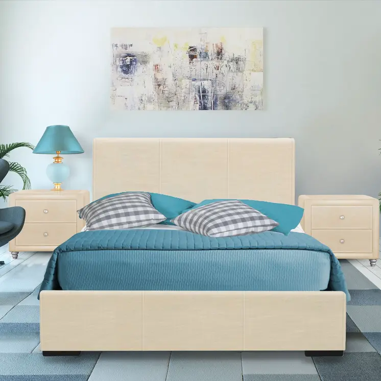 Beige Wood And Faux Leather Queen Bed Frame